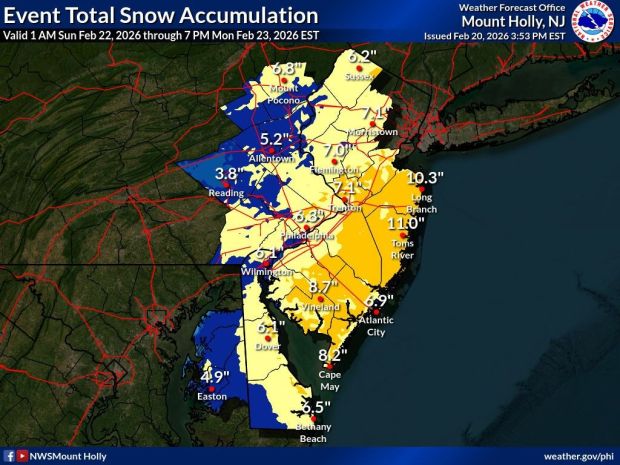 The National Weather Service snow accumulation prediction for the storm moving through the Philly region Sunday, Feb. 22, 2026 to Monday, Feb. 23 that was issued Friday afternoon, Feb. 20. (Courtesy of the National Weather Story)