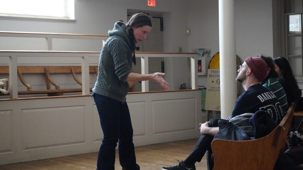 Johanna Dunphy, a longtime Historic Philadelphia actor, leads an introductory training session for newly hired performers at the Free Quaker Meeting building