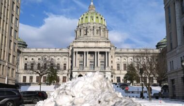 The west entrance to the Pennsylvania State Capitol at Third and State Streets in Harrisburg Feb. 3, 2026. The building was designed by architect Joseph Miller Huston in a Beaux-Arts style in 1902 and completed in 1906.