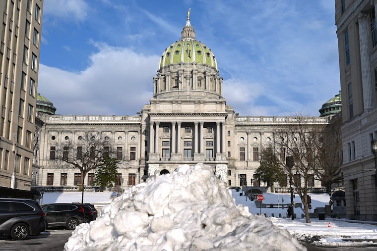 The west entrance to the Pennsylvania State Capitol at Third and State Streets in Harrisburg Feb. 3, 2026. The building was designed by architect Joseph Miller Huston in a Beaux-Arts style in 1902 and completed in 1906.