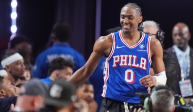 Sixers guard Tyrese Maxey shakes hands with competitors during the NBA three-point contest at All-Star Weekend festivities on Saturday in Inglewood, Calif.