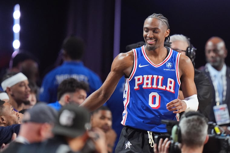Sixers guard Tyrese Maxey shakes hands with competitors during the NBA three-point contest at All-Star Weekend festivities on Saturday in Inglewood, Calif.