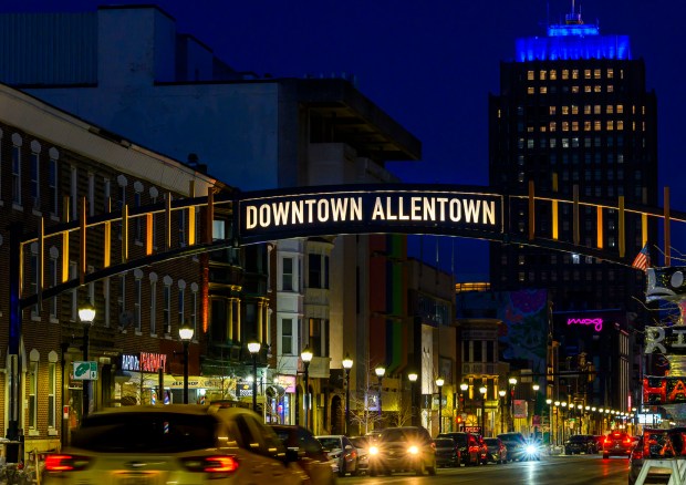 A new gateway arch rises above the 1100 block of Hamilton Street on Thursday, Feb. 5, 2026, in Allentown. The arch, part of efforts to spruce up the downtown area, is a little more than 19 feet high. The arch greets those heading eastbound into the downtown with a sign that reads, "Downtown Allentown"; while the other side reads, "West Park." (April Gamiz/The Morning Call)