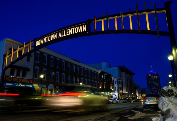 A new gateway arch rises above the 1100 block of Hamilton Street on Thursday, Feb. 5, 2026, in Allentown. The arch, part of efforts to spruce up the downtown area, is a little more than 19 feet high. The arch greets those heading eastbound into the downtown with a sign that reads, "Downtown Allentown"; while the other side reads, "West Park." (April Gamiz/The Morning Call)