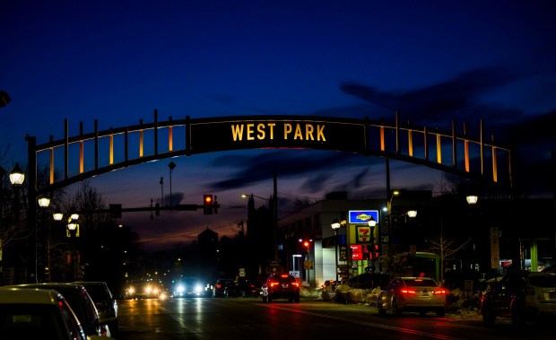 A new gateway arch rises above the 1100 block of Hamilton Street on Thursday, Feb. 5, 2026, in Allentown. The arch, part of efforts to spruce up the downtown area, is a little more than 19 feet high. The arch greets those heading eastbound into the downtown with a sign that reads, "Downtown Allentown"; while the other side reads, "West Park." (April Gamiz/The Morning Call)