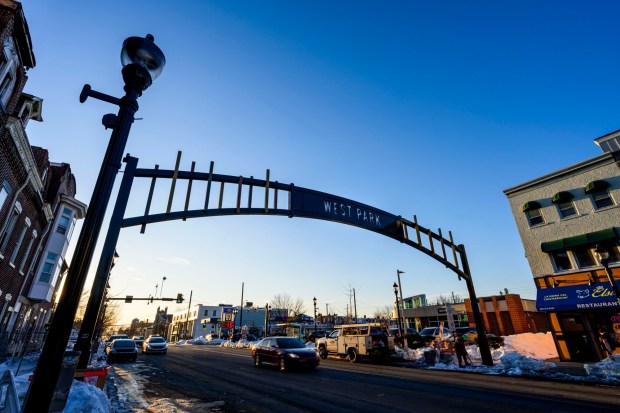A new gateway arch rises above the 1100 block of Hamilton Street on Thursday, Feb. 5, 2026, in Allentown. The arch, part of efforts to spruce up the downtown area, is a little more than 19 feet high. The arch greets those heading eastbound into the downtown with a sign that reads, "Downtown Allentown"; while the other side reads, "West Park." (April Gamiz/The Morning Call)