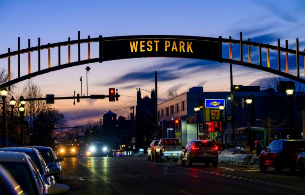 A new gateway arch rises above the 1100 block of Hamilton Street on Thursday, Feb. 5, 2026, in Allentown. The arch, part of efforts to spruce up the downtown area, is a little more than 19 feet high. The arch greets those heading eastbound into the downtown with a sign that reads, "Downtown Allentown"; while the other side reads, "West Park." (April Gamiz/The Morning Call)