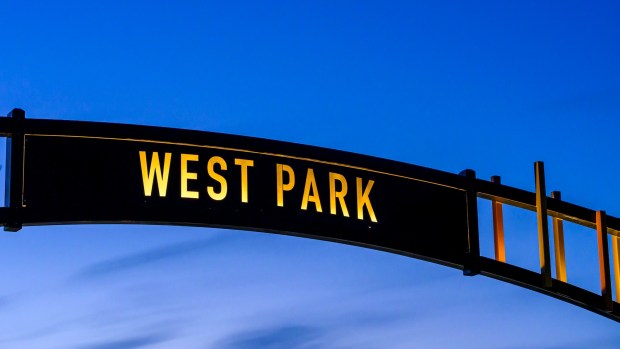 A new gateway arch rises above the 1100 block of Hamilton Street on Thursday, Feb. 5, 2026, in Allentown. The arch, part of efforts to spruce up the downtown area, is a little more than 19 feet high. The arch greets those heading eastbound into the downtown with a sign that reads, "Downtown Allentown"; while the other side reads, "West Park." (April Gamiz/The Morning Call)