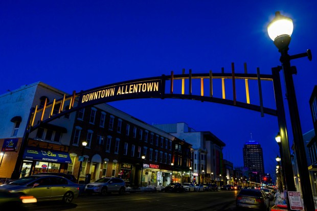 A new gateway arch rises above the 1100 block of Hamilton Street on Thursday, Feb. 5, 2026, in Allentown. The arch, part of efforts to spruce up the downtown area, is a little more than 19 feet high. The arch greets those heading eastbound into the downtown with a sign that reads, "Downtown Allentown"; while the other side reads, "West Park." (April Gamiz/The Morning Call)