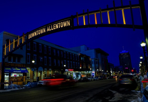 A new gateway arch rises above the 1100 block of Hamilton Street on Thursday, Feb. 5, 2026, in Allentown. The arch, part of efforts to spruce up the downtown area, is a little more than 19 feet high. The arch greets those heading eastbound into the downtown with a sign that reads, "Downtown Allentown"; while the other side reads, "West Park." (April Gamiz/The Morning Call)