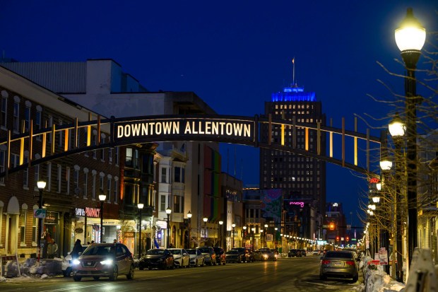 A new gateway arch rises above the 1100 block of Hamilton Street on Thursday, Feb. 5, 2026, in Allentown. The arch, part of efforts to spruce up the downtown area, is a little more than 19 feet high. The arch greets those heading eastbound into the downtown with a sign that reads, "Downtown Allentown"; while the other side reads, "West Park." (April Gamiz/The Morning Call)