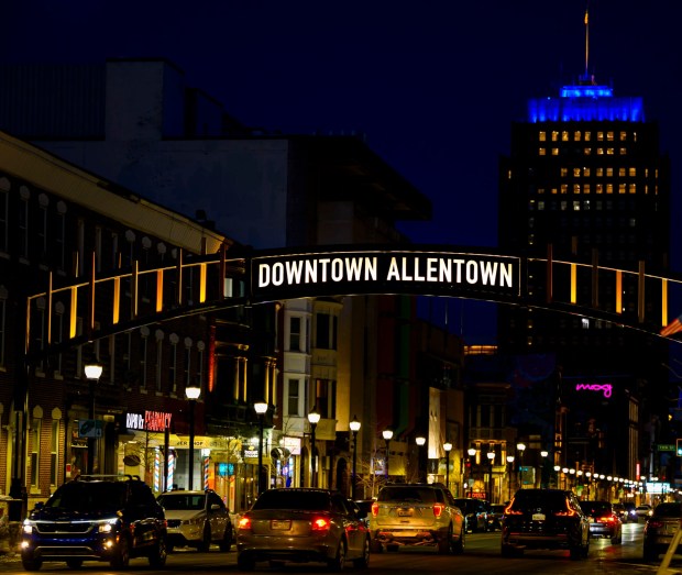 A new gateway arch rises above the 1100 block of Hamilton Street on Thursday, Feb. 5, 2026, in Allentown. The arch, part of efforts to spruce up the downtown area, is a little more than 19 feet high. The arch greets those heading eastbound into the downtown with a sign that reads, "Downtown Allentown"; while the other side reads, "West Park." (April Gamiz/The Morning Call)