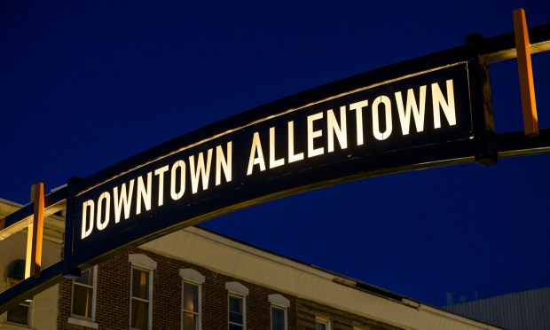 A new gateway arch rises above the 1100 block of Hamilton Street on Thursday, Feb. 5, 2026, in Allentown. The arch, part of efforts to spruce up the downtown area, is a little more than 19 feet high. The arch greets those heading eastbound into the downtown with a sign that reads, "Downtown Allentown"; while the other side reads, "West Park." (April Gamiz/The Morning Call)
