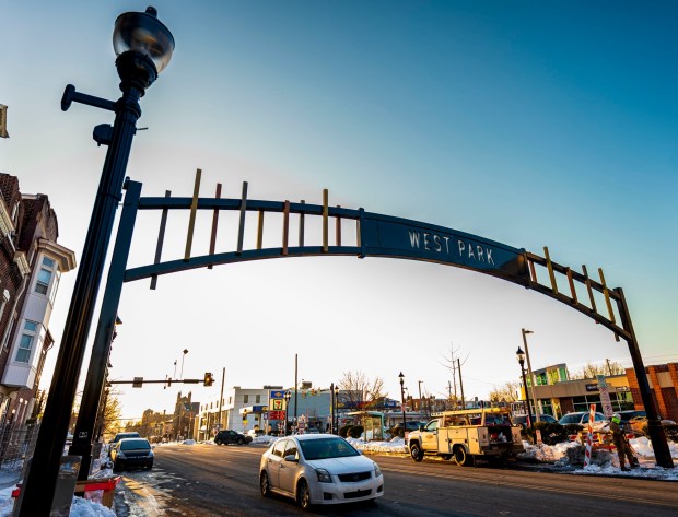 A new gateway arch rises above the 1100 block of Hamilton Street on Thursday, Feb. 5, 2026, in Allentown. The arch, part of efforts to spruce up the downtown area, is a little more than 19 feet high. The arch greets those heading eastbound into the downtown with a sign that reads, "Downtown Allentown"; while the other side reads, "West Park." (April Gamiz/The Morning Call)