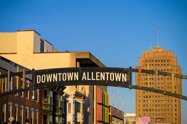 A new gateway arch rises above the 1100 block of Hamilton Street on Thursday, Feb. 5, 2026, in Allentown. The arch, part of efforts to spruce up the downtown area, is a little more than 19 feet high. The arch greets those heading eastbound into the downtown with a sign that reads, "Downtown Allentown"; while the other side reads, "West Park." (April Gamiz/The Morning Call)