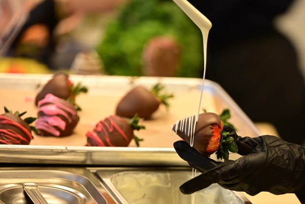 Jasmine Ackerman, the manager at Chocolate Works, also known as Christmas City Chocolate, prepares chocolate-covered strawberries Wednesday, Feb. 11, 2026, for Valentine's Day at the store located in the Madison Farms Shopping Center along Freemansburg Avenue in Palmer Township. (Monica Cabrera /The Morning Call)