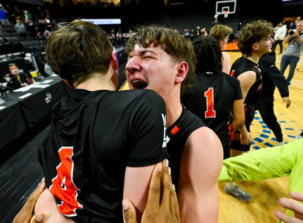 Northampton players celebrate winning the EPC boys basketball championship after beating Pocono Mountain West 55-54 in overtime last year at the PPL Center in Allentown. (April Gamiz/The Morning Call)