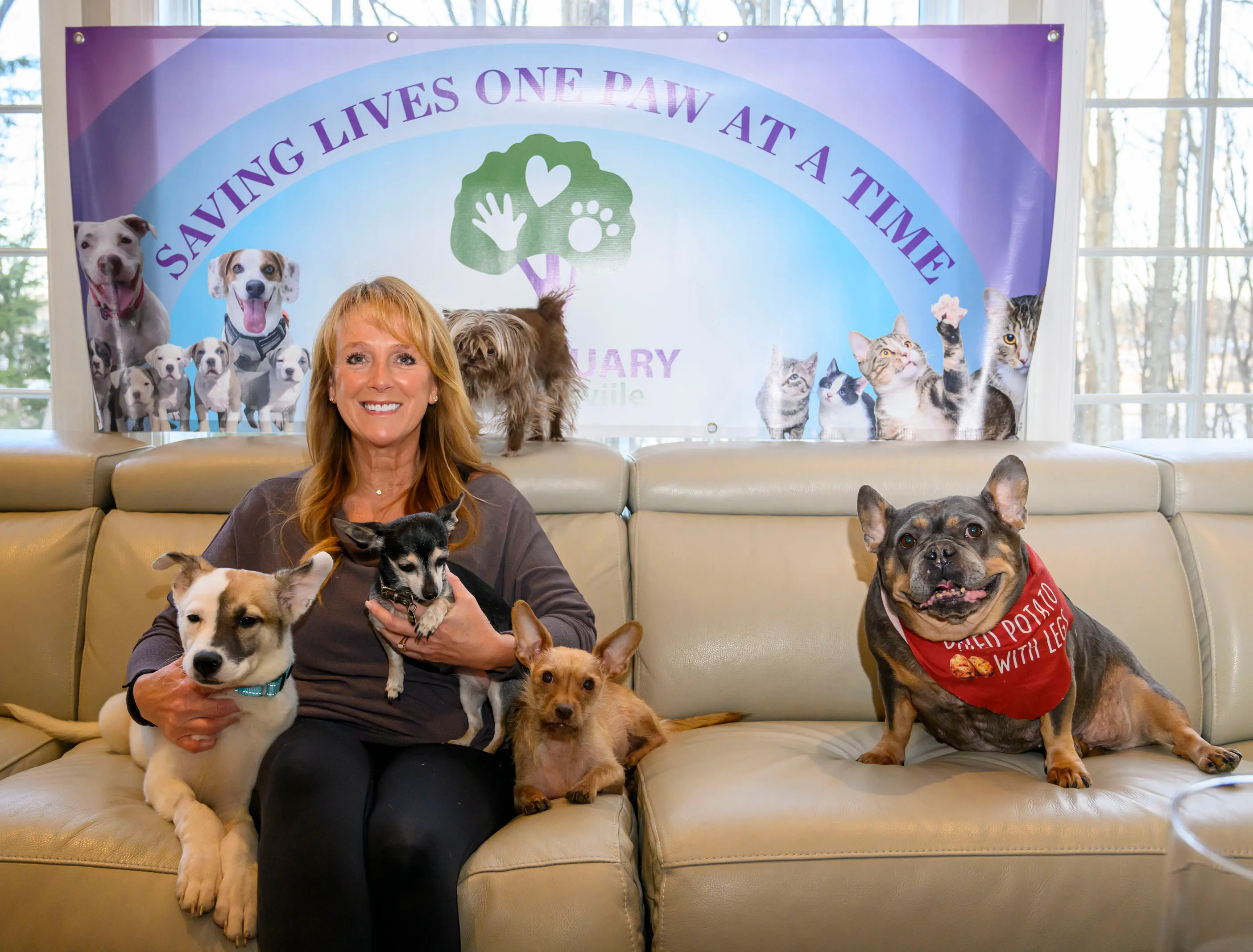 Jayne Anne Bissell sits with Murray, Arya, Dobby, Wonton and...
