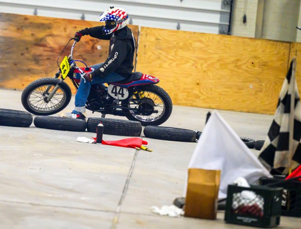 John Lasso tests out the indoor race track on his motorcycle during the Lehigh Valley Motorcycle Expo on Friday, Feb. 6, 2026, at the Agri-Plex at the Allentown Fairgrounds in Allentown. The expo continues 9 a.m. to 7 p.m. Saturday and 9 a.m. to 3 p.m. Sunday. (April Gamiz/The Morning Call)
