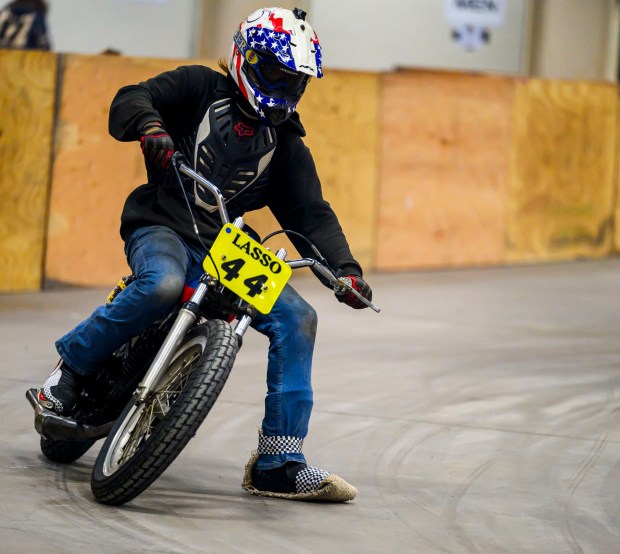 John Lasso tests out the indoor race track on his motorcycle during the Lehigh Valley Motorcycle Expo on Friday, Feb. 6, 2026, at the Agri-Plex at the Allentown Fairgrounds in Allentown. The expo continues 9 a.m. to 7 p.m. Saturday and 9 a.m. to 3 p.m. Sunday. (April Gamiz/The Morning Call)