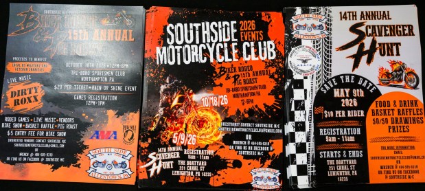 SouthSide Motorcycle Club Allentown has flyers for their events in the coming months during the Lehigh Valley Motorcycle Expo on Friday, Feb. 6, 2026, at the Agri-Plex at the Allentown Fairgrounds in Allentown. The expo continues 9 a.m. to 7 p.m. Saturday and 9 a.m. to 3 p.m. Sunday. (April Gamiz/The Morning Call)