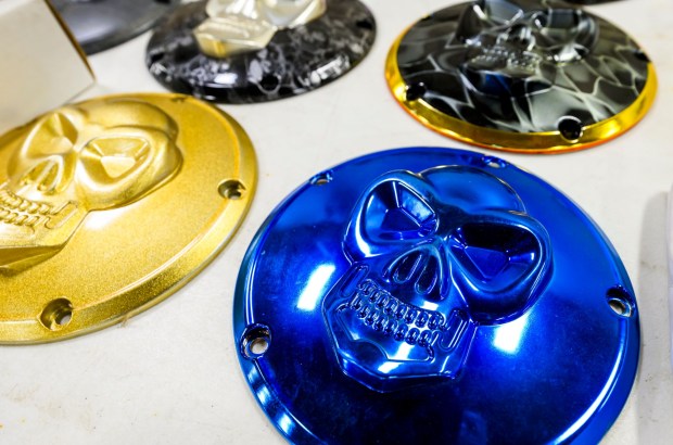 Colorful derby covers are for sale at Ramon Period's booth during the Lehigh Valley Motorcycle Expo on Friday, Feb. 6, 2026, at the Agri-Plex at the Allentown Fairgrounds in Allentown. The expo continues 9 a.m. to 7 p.m. Saturday and 9 a.m. to 3 p.m. Sunday. (April Gamiz/The Morning Call)