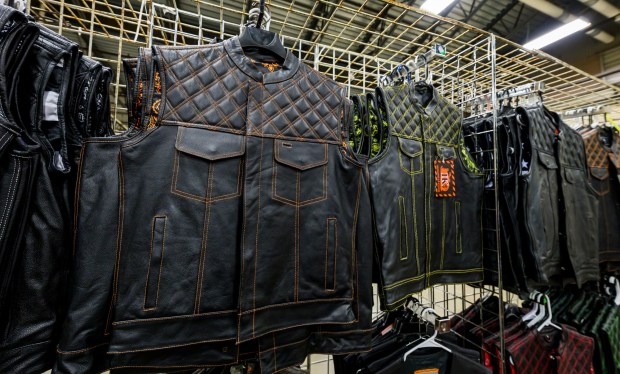 Leather vests are for sale at Bikers Leather's booth during the Lehigh Valley Motorcycle Expo on Friday, Feb. 6, 2026, at the Agri-Plex at the Allentown Fairgrounds in Allentown. The expo continues 9 a.m. to 7 p.m. Saturday and 9 a.m. to 3 p.m. Sunday. (April Gamiz/The Morning Call)