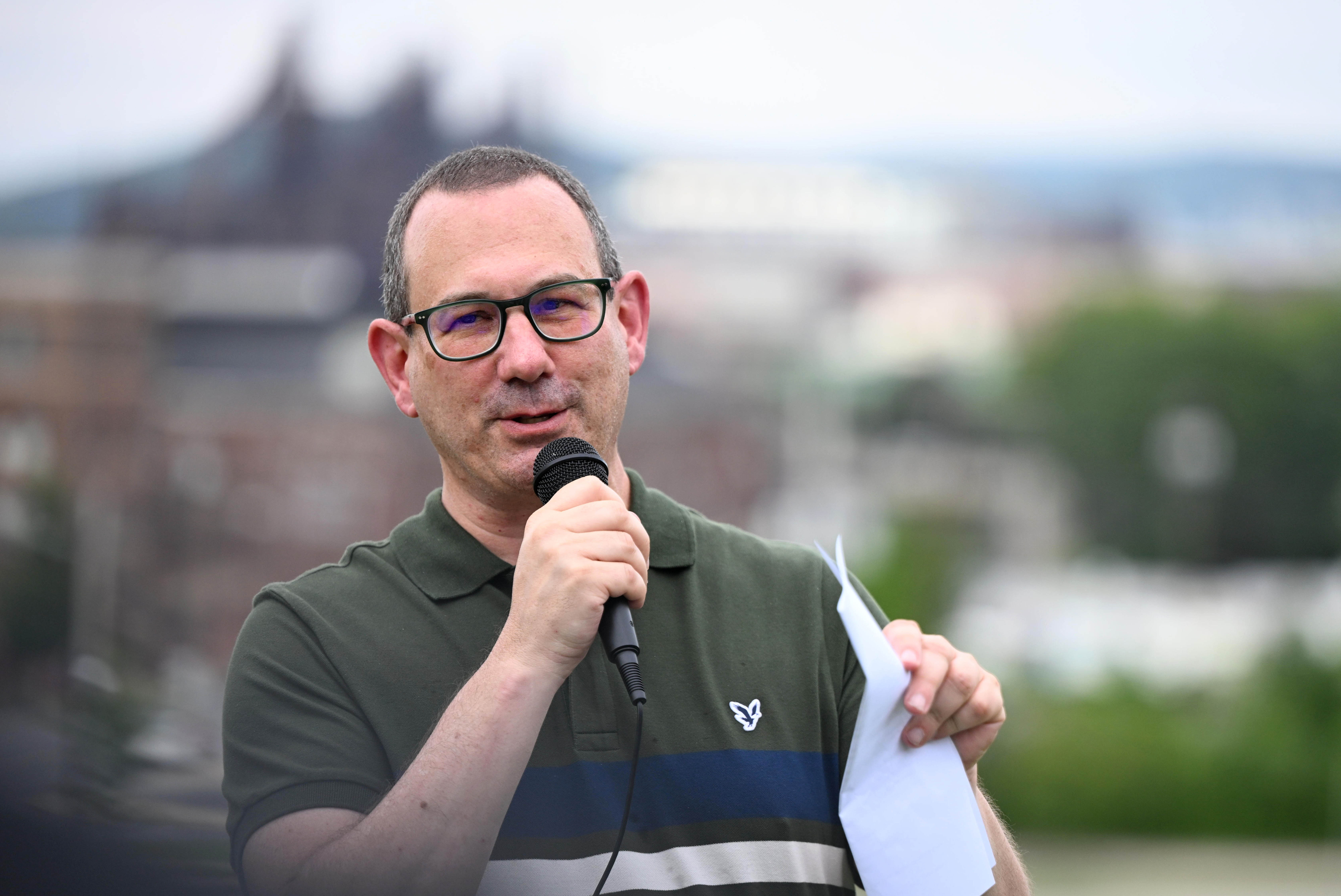 Lehigh County Controller Mark Pinsley addresses the crowd during a...