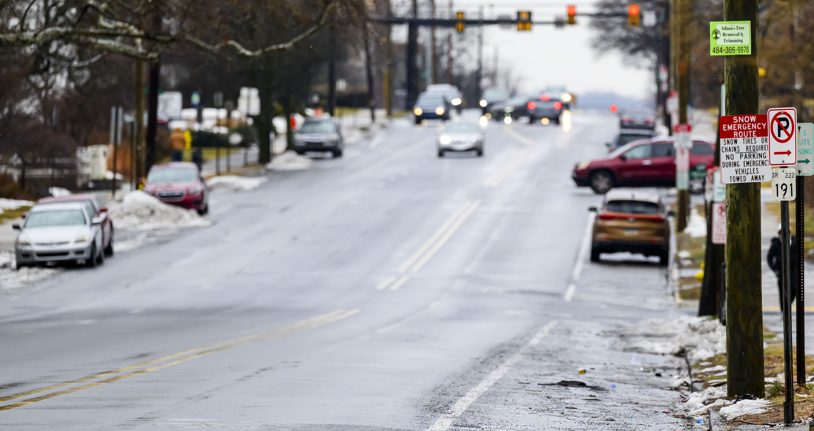 A snow emergency sign posted Sunday, Feb. 22, 2026, on Hamilton Street in Allentown. The city declared an emergency ahead of a winter storm Sunday into Monday that was expected at various points to drop anywhere from 7 to 18 inches of snow in the region. Cars can be parked in city parking garages for free until 6 p.m. Tuesday. (April Gamiz/The Morning Call)