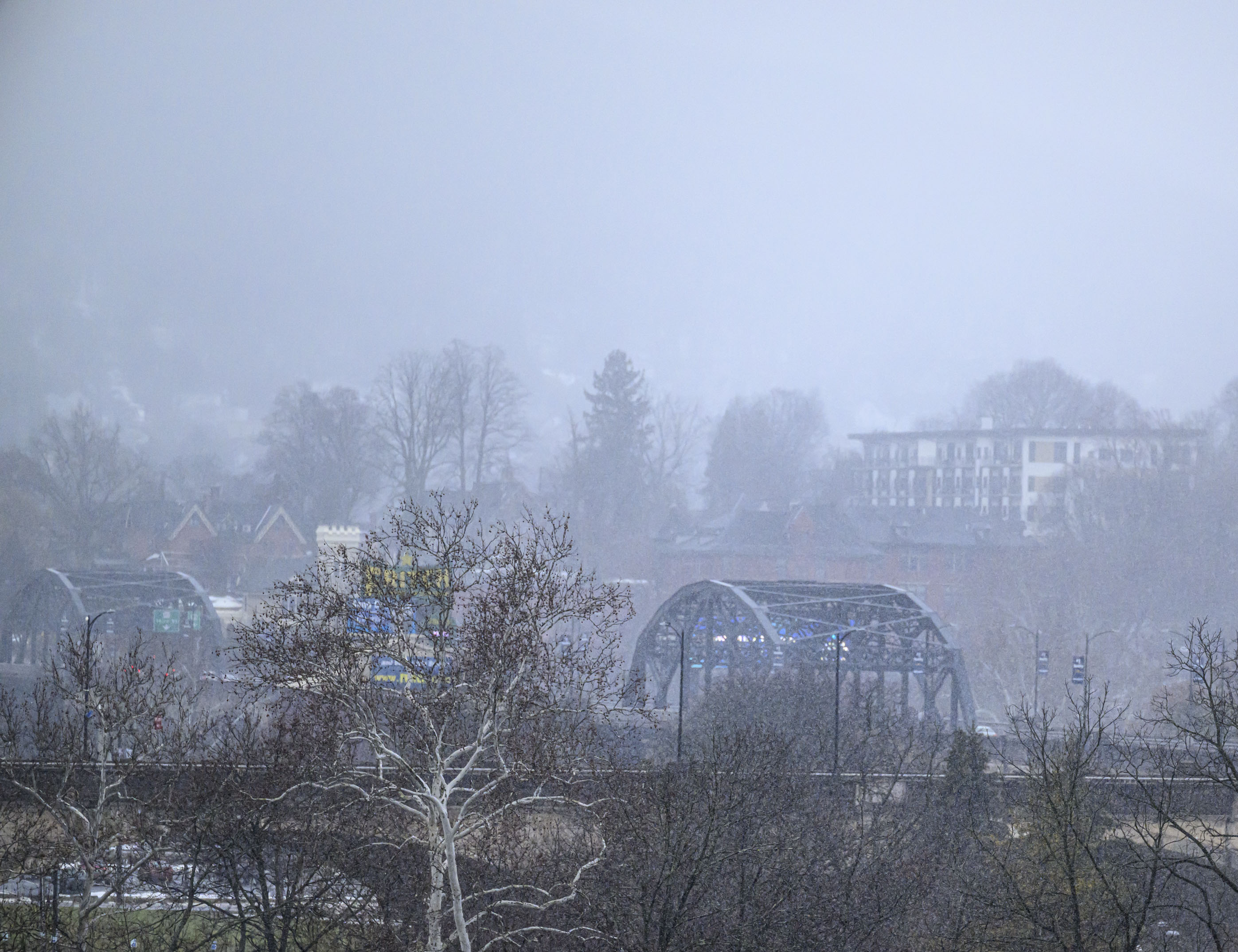 Rain changes to flurries Sunday, Feb. 22, 2026, in Bethlehem. A winter storm was expected to drop 7-14 inches of snow in the region Sunday into Monday, though the National Weather Service said there was a lot of uncertainty about the total. (April Gamiz/The Morning Call)
