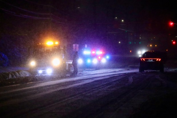 Snow falls Sunday, Feb. 22, 2026, late in the evening in Bethlehem. A winter storm was expected to drop 7-14 inches of snow in the region Sunday into Monday, though the National Weather Service said there was uncertainty about the total. (Rich Rolen/Special to The Morning Call)