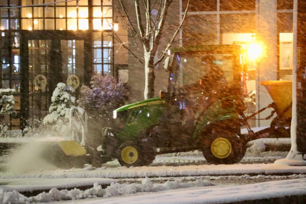 Snow falls Sunday, Feb. 22, 2026, late in the evening in Allentown. A winter storm was expected to drop 7-14 inches of snow in the region Sunday into Monday, though the National Weather Service said there was uncertainty about the total. (Rich Rolen/Special to The Morning Call)
