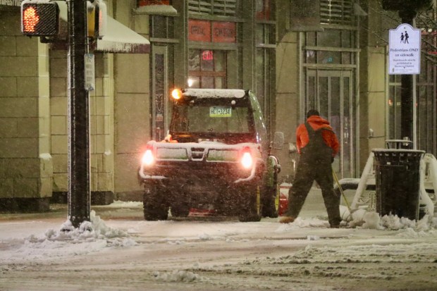 Snow falls Sunday, Feb. 22, 2026, late in the evening in Allentown. A winter storm was expected to drop 7-14 inches of snow in the region Sunday into Monday, though the National Weather Service said there was uncertainty about the total. (Rich Rolen/Special to The Morning Call)