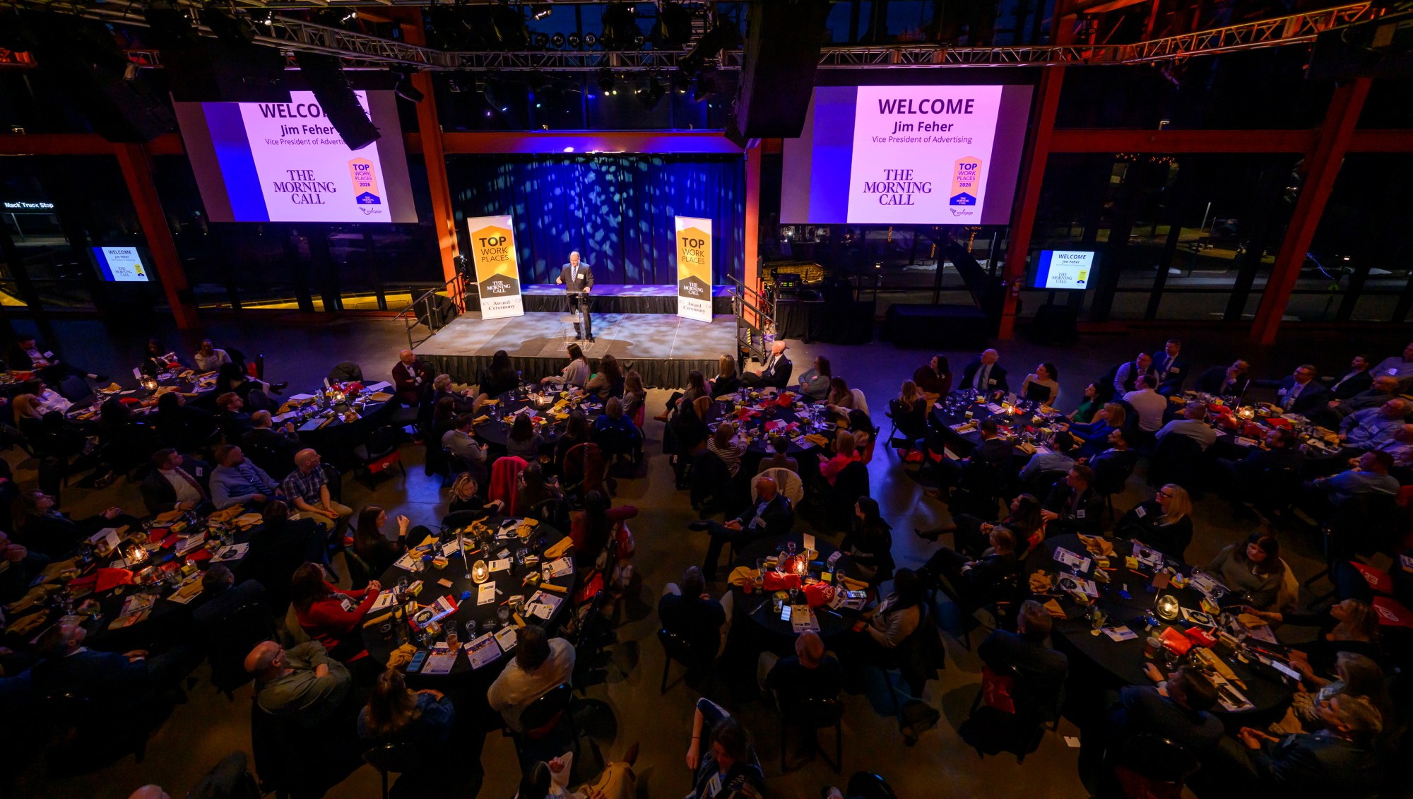 The Morning Call's Jim Feher, Vice President of Advertising welcomes the crowd during The Morning Call's Lehigh Valley Top Workplaces Awards 2026 awards banquet Thursday, Feb. 26, 2026, at the ArtsQuest Center at SteelStacks in Bethlehem. (April Gamiz/The Morning Call)