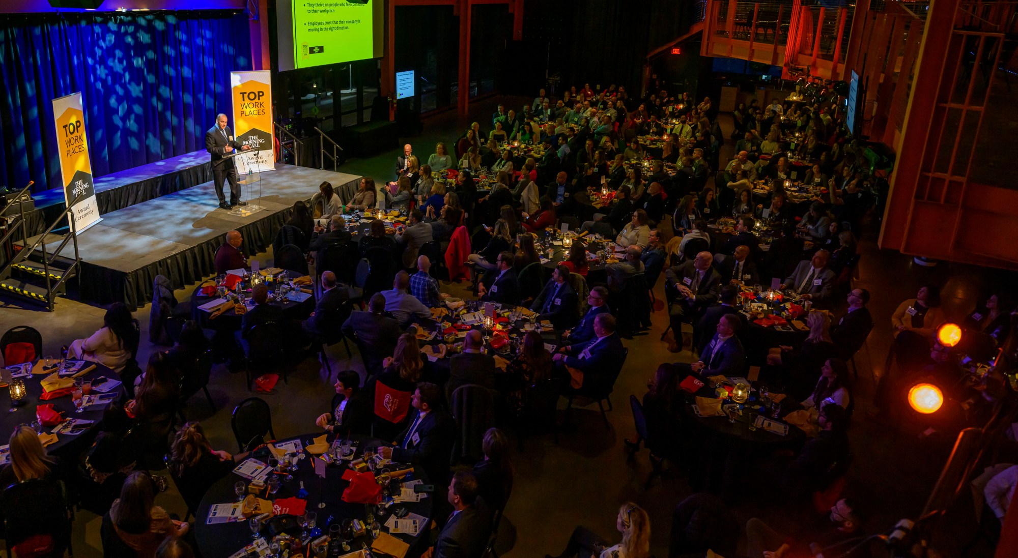 The Morning Call's Jim Feher, Vice President of Advertising welcomes the crowd during The Morning Call's Lehigh Valley Top Workplaces Awards 2026 awards banquet Thursday, Feb. 26, 2026, at the ArtsQuest Center at SteelStacks in Bethlehem. (April Gamiz/The Morning Call)