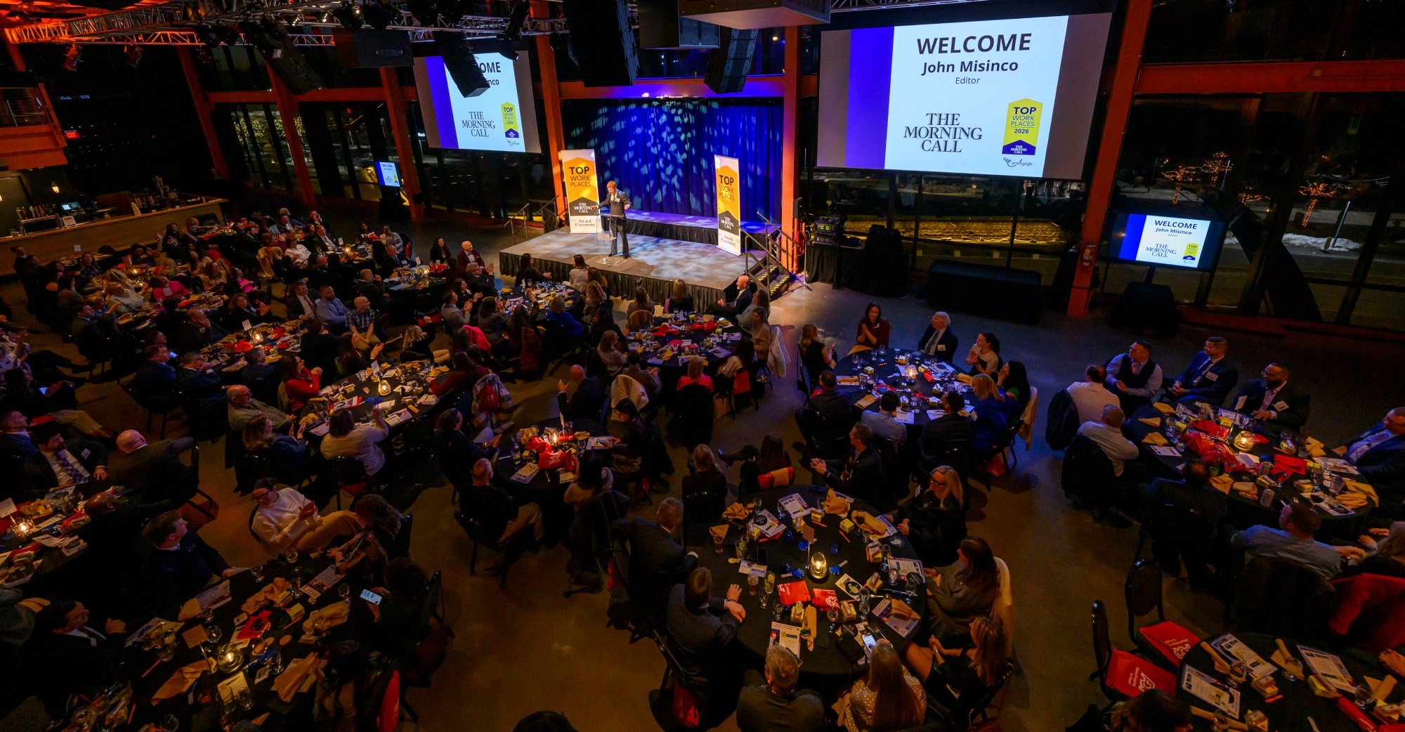 The Morning Call's John Misinco, Editor talks about the award winners during The Morning Call's Lehigh Valley Top Workplaces Awards 2026 awards banquet Thursday, Feb. 26, 2026, at the ArtsQuest Center at SteelStacks in Bethlehem. (April Gamiz/The Morning Call)