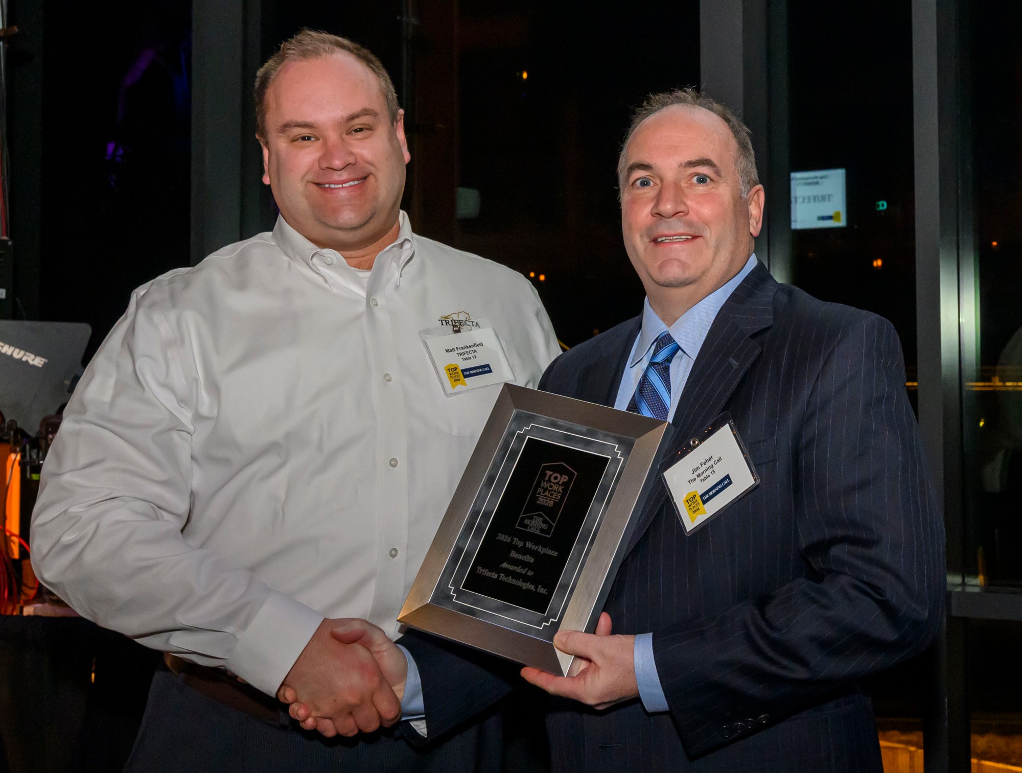 Trifecta Technologies, Inc. wins the Top Workplace Special Award for Benefits category presented by The Morning Call's Jim Feher, Vice President of Advertising during The Morning Call's Lehigh Valley Top Workplaces Awards 2026 awards banquet Thursday, Feb. 26, 2026, at the ArtsQuest Center at SteelStacks in Bethlehem. (April Gamiz/The Morning Call)