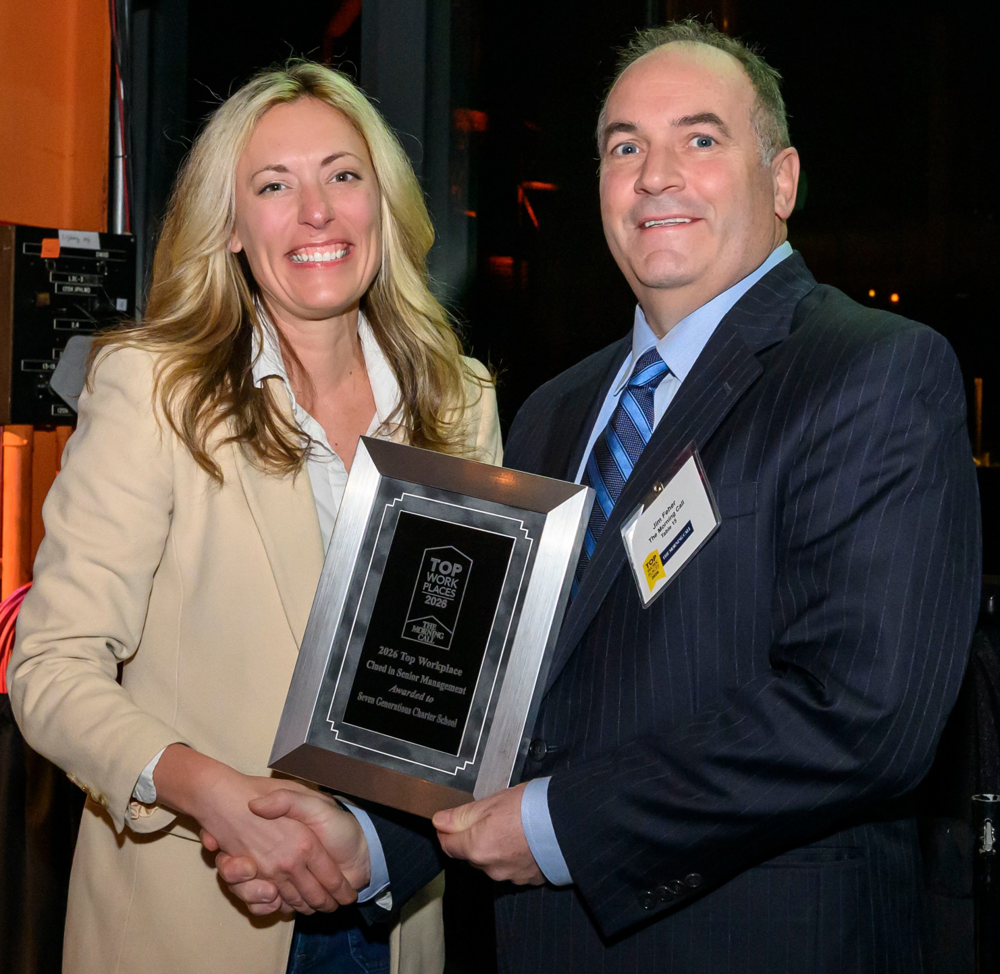 Seven Generations Charter School wins the Top Workplace Special Award for Clued-In Senior Management category presented by The Morning Call's Jim Feher, Vice President of Advertising during The Morning Call's Lehigh Valley Top Workplaces Awards 2026 awards banquet Thursday, Feb. 26, 2026, at the ArtsQuest Center at SteelStacks in Bethlehem.(April Gamiz/The Morning Call)