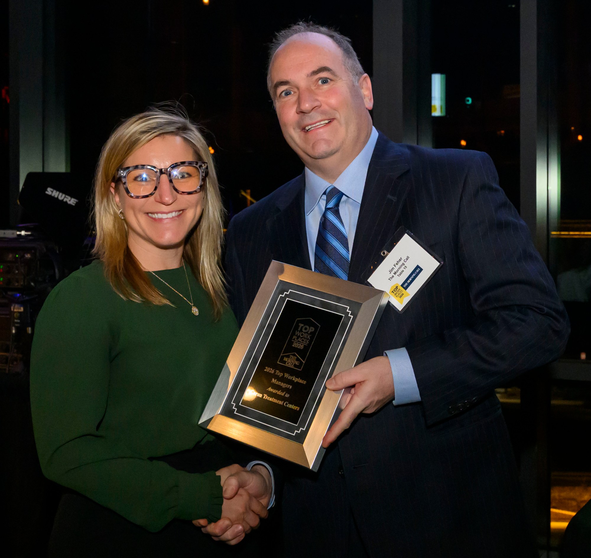 Caron Treatment Centers wins the Top Workplace Special Award for Meaningfulness category presented by The Morning Call's Jim Feher, Vice President of Advertising during The Morning Call's Lehigh Valley Top Workplaces Awards 2026 awards banquet Thursday, Feb. 26, 2026, at the ArtsQuest Center at SteelStacks in Bethlehem.(April Gamiz/The Morning Call)