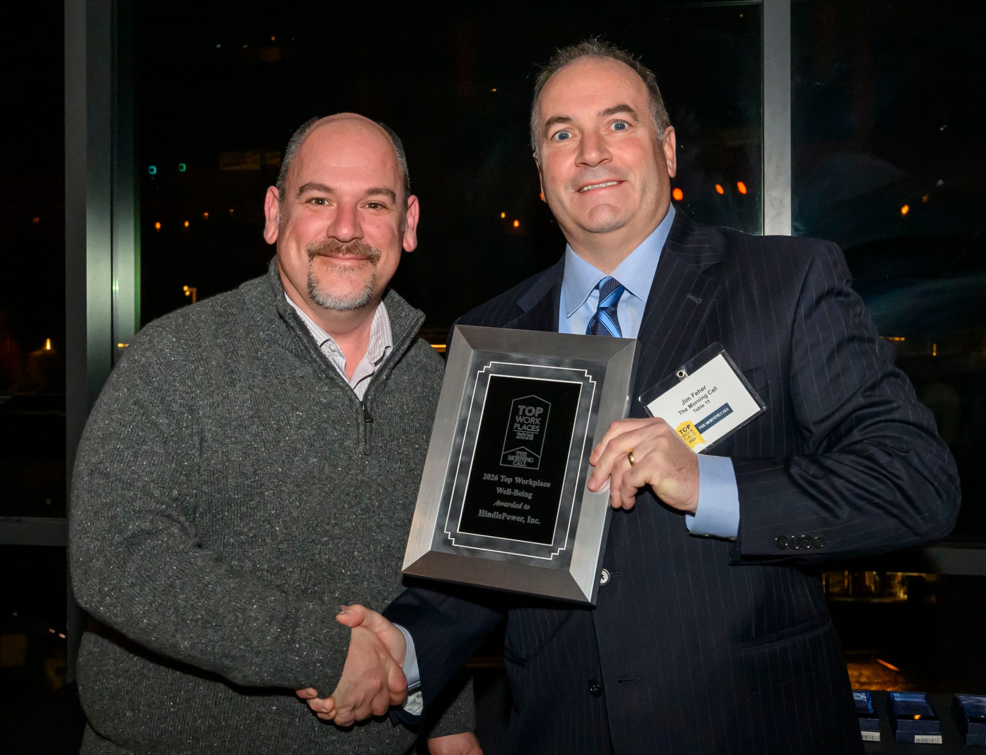 HindlePower, Inc wins the Top Workplace Special Award for Well Being category presented by The Morning Call's Jim Feher, Vice President of Advertising during The Morning Call's Lehigh Valley Top Workplaces Awards 2026 awards banquet Thursday, Feb. 26, 2026, at the ArtsQuest Center at SteelStacks in Bethlehem.(April Gamiz/The Morning Call)