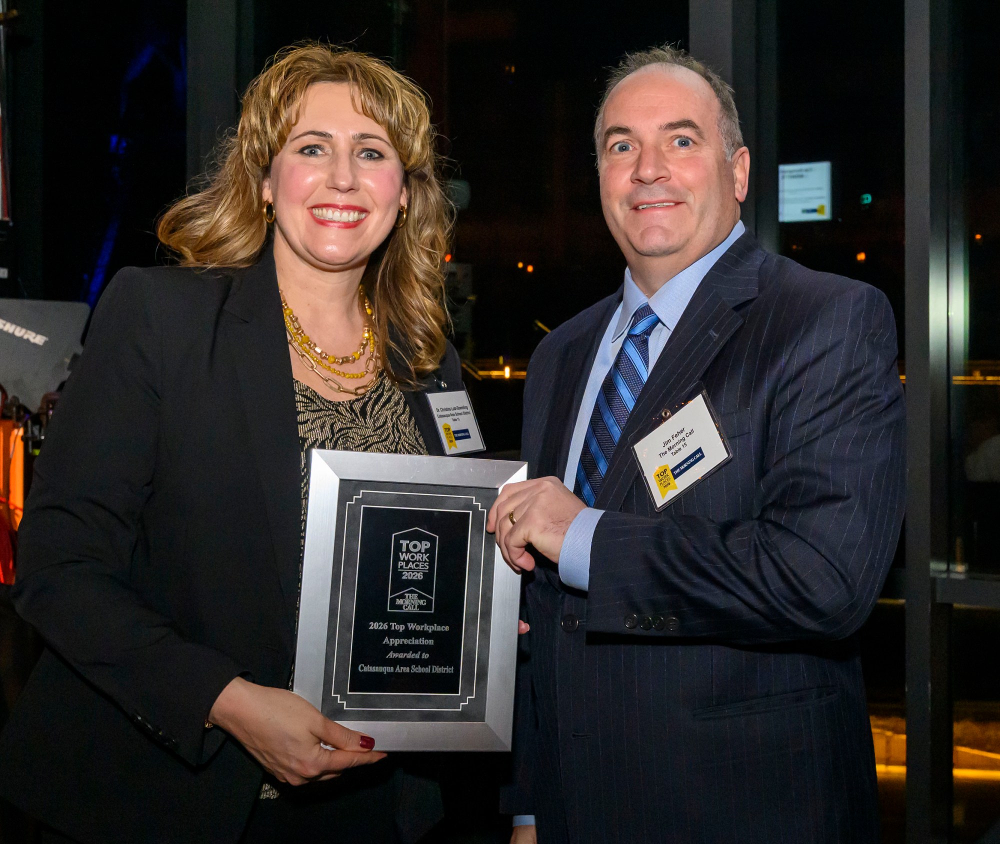 Catasauqua Area School District wins the Top Workplace Special Award for Appreciation category presented by The Morning Call's Jim Feher, Vice President of Advertising during The Morning Call's Lehigh Valley Top Workplaces Awards 2026 awards banquet Thursday, Feb. 26, 2026, at the ArtsQuest Center at SteelStacks in Bethlehem.(April Gamiz/The Morning Call)