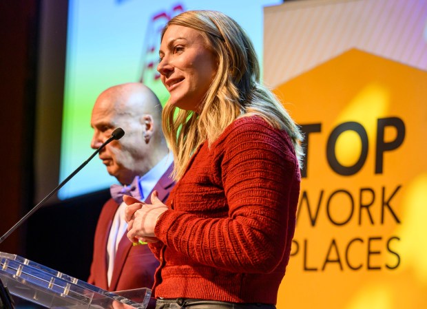 Maureen Campbell of ADP speaks during The Morning Call's Lehigh Valley Top Workplaces Awards 2026 awards banquet Thursday, Feb. 26, 2026, at the ArtsQuest Center at SteelStacks in Bethlehem. (April Gamiz/The Morning Call)