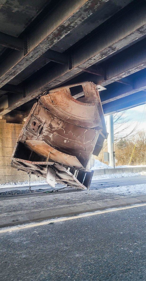 A steel object on Route 512 southbound is wedged under the Route 22 overpass Tuesday, Feb. 24, 2026, closing Route 512 and causing major delays on Route 22. (Kevin Shire/Special to The Morning Call)