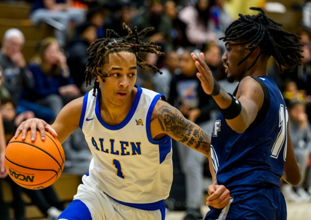 Dieruff's Terron Dearing-Jones defends against Allen's Tiheed Wise Jr on Saturday, Jan. 31, 2026, during a boys basketball game at Allen High School. (April Gamiz/The Morning Call)