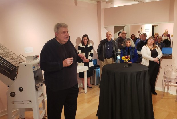 Richard Gorman Jr. leads a tour of the Baked Into Bethlehem exhibit at the Kemerer Museum in Bethlehem. (Courtesy Kemerer Museum)