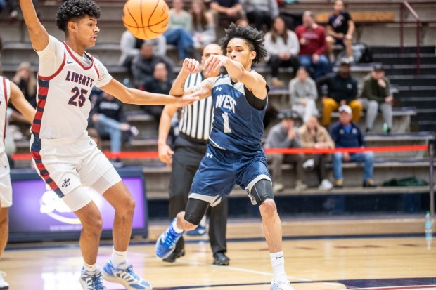 Pocono Mountain West's KJ Coles Jr drives up the court against Liberty during an Eastern Pennsylvania Conference basketball game on Thursday, Dec.18, 2025, at Liberty High School in Bethlehem. (Jonathan Broady/Special to The Morning Call)