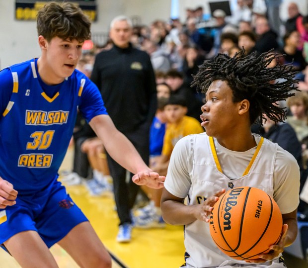 Notre Dame-Green Pond's Justin Manning looks to pass against Wilson's Wyatt Deemer on Saturday, Jan. 10, 2026, during a basketball game at Notre Dame-Green Pond High School. (April Gamiz/The Morning Call)