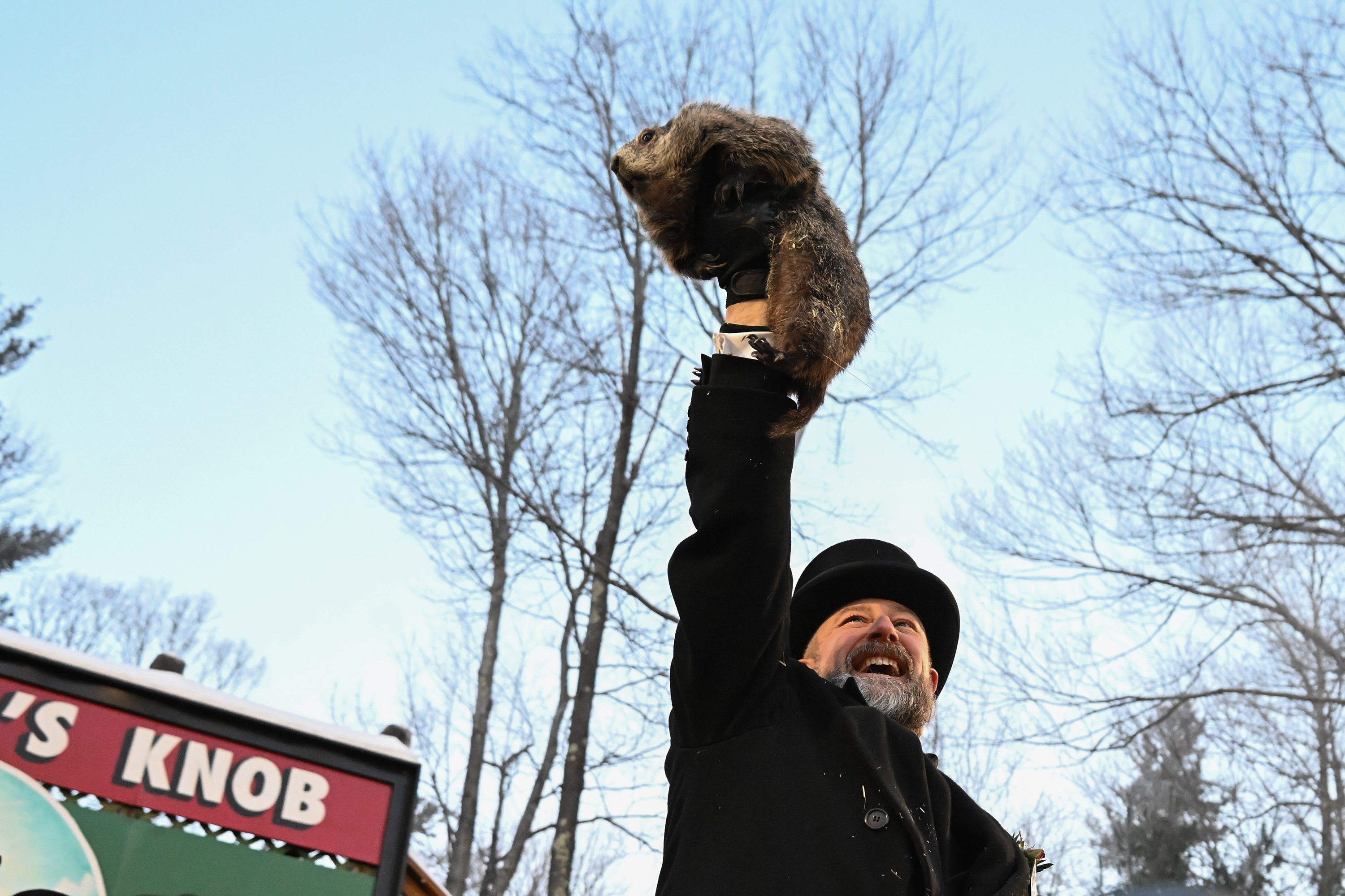 Groundhog Club handler A.J. Dereume holds Punxsutawney Phil, the weather...