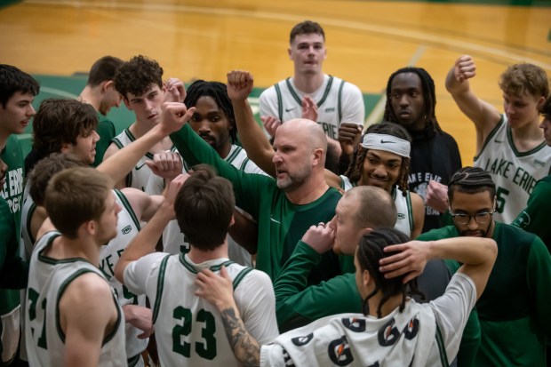 Lake Erie men's basketball coach Kyle Conley during his team's 82-77 win over Kentucky Wesleyan Jan. 5. (Paul DiCicco - For The News-Herald)