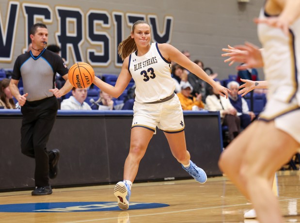 John Carroll's Ava Ryncarz in action against Baldwin Wallace Nov. 25, 2025. (Tim Phillis - For The News-Herald)